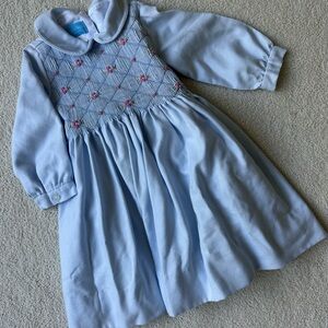 Smocked Light Blue Dress with Floral Accents